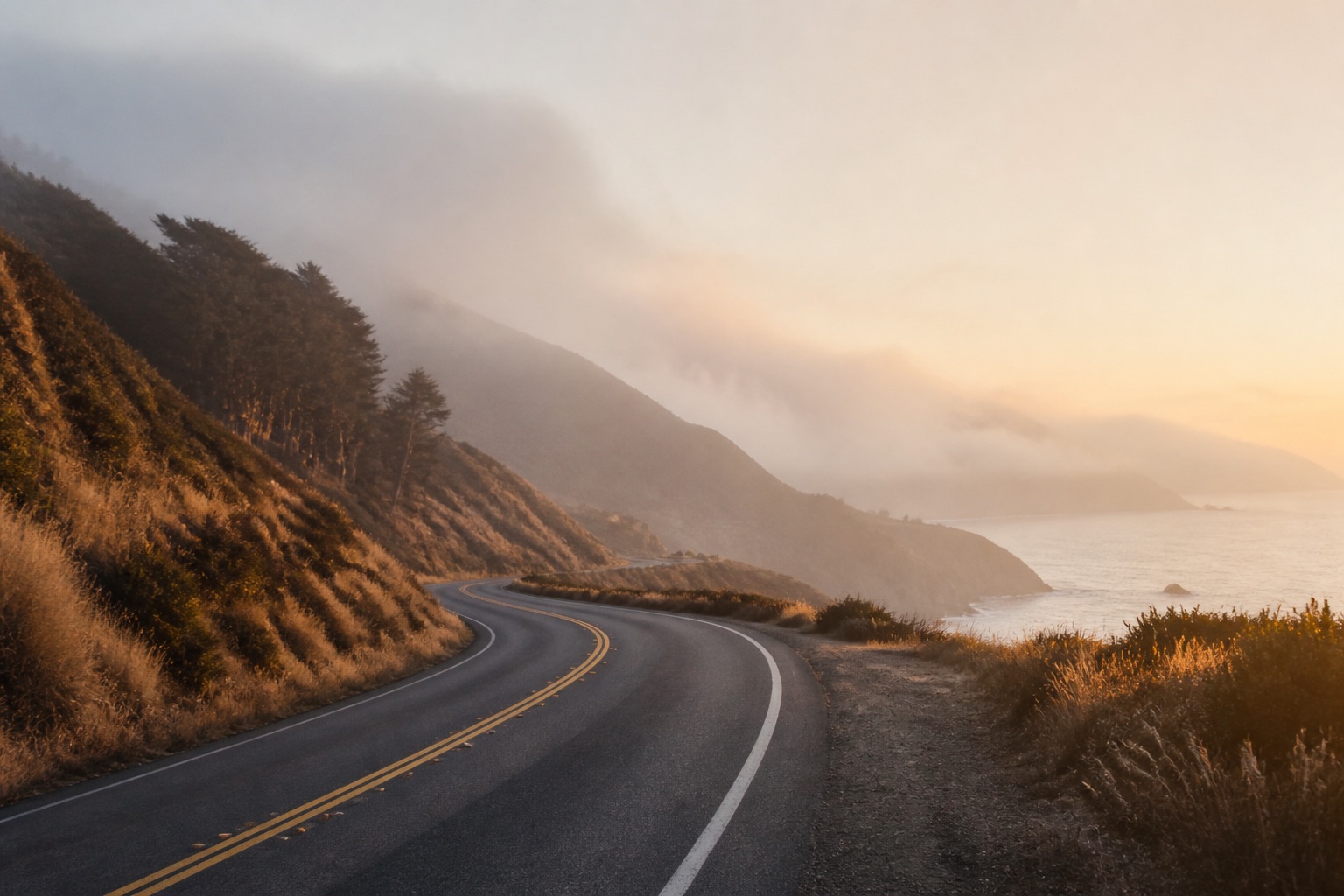 A quiet coastal road curving through warm fog above the Pacific